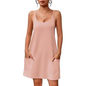 Ekouaer Nightgowns for Women Cotton Sleepwear Sexy Sleep Shirt Adjustable Spaghetti Strap Night Gowns with Pockets S-3XL(Light Pink)