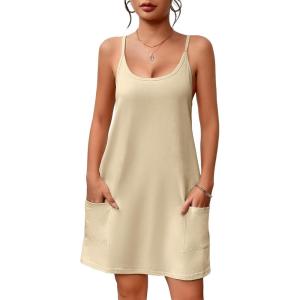Ekouaer Nightgowns for Women Cotton Sleepwear Sexy Sleep Shirt Adjustable Spaghetti Strap Night Gowns with Pockets S-3XL(Light Yellow)