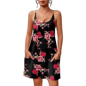 Ekouaer Nightgowns for Women Cotton Sleepwear Sexy Sleep Shirt Adjustable Spaghetti Strap Night Gowns with Pockets S-3XL(Pink Flower)