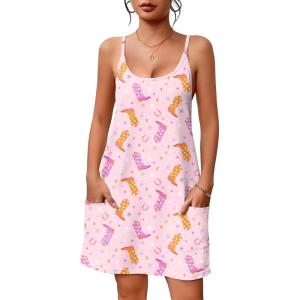 Ekouaer Nightgowns for Women Cotton Sleepwear Sexy Sleep Shirt Adjustable Spaghetti Strap Night Gowns with Pockets S-3XL(Pink Star)