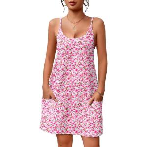 Ekouaer Nightgowns for Women Cotton Sleepwear Sexy Sleep Shirt Adjustable Spaghetti Strap Night Gowns with Pockets S-3XL(Pink and White Flower)