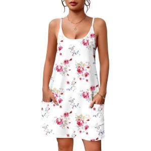 Ekouaer Nightgowns for Women Cotton Sleepwear Sexy Sleep Shirt Adjustable Spaghetti Strap Night Gowns with Pockets S-3XL(Roses)