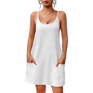 Ekouaer Nightgowns for Women Cotton Sleepwear Sexy Sleep Shirt Adjustable Spaghetti Strap Night Gowns with Pockets S-3XL(White)