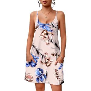 Ekouaer Nightgowns for Women Cotton Sleepwear Sexy Sleep Shirt Adjustable Spaghetti Strap Night Gowns with Pockets S-3XL(White Blue Powder Flower)