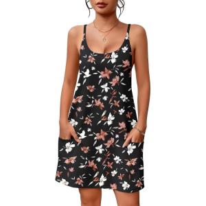 Ekouaer Nightgowns for Women Cotton Sleepwear Sexy Sleep Shirt Adjustable Spaghetti Strap Night Gowns with Pockets S-3XL(White Flower)