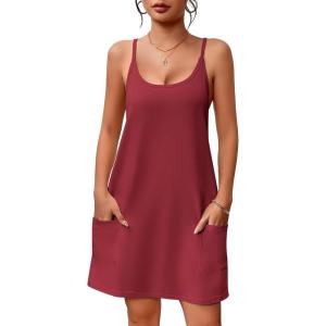 Ekouaer Nightgowns for Women Cotton Sleepwear Sexy Sleep Shirt Adjustable Spaghetti Strap Night Gowns with Pockets S-3XL(Wine Red)