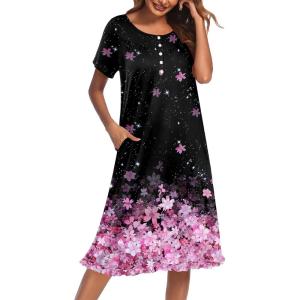 Ekouaer Nightgowns for Women with Pockets Button Front Short Sleeve House Dresses Floral Print Mumu Dress(Black Pink Floral)