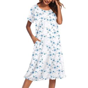 Ekouaer Nightgowns for Women with Pockets Button Front Short Sleeve House Dresses Floral Print Mumu Dress(Blue Floral)