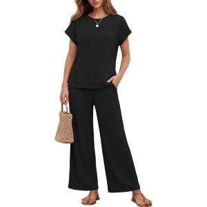 Ekouaer Two Piece Sets for Women 2026 Travel Outfits Short Sleeve Top Wide Leg Pants Rib Tracksuits Summer Fashion Lounge Set(Black)