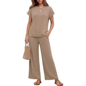 Ekouaer Two Piece Sets for Women 2026 Travel Outfits Short Sleeve Top Wide Leg Pants Rib Tracksuits Summer Fashion Lounge Set(Brown)