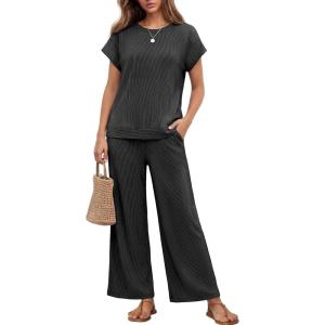 Ekouaer Two Piece Sets for Women 2026 Travel Outfits Short Sleeve Top Wide Leg Pants Rib Tracksuits Summer Fashion Lounge Set(Dark Grey)
