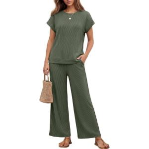 Ekouaer Two Piece Sets for Women 2026 Travel Outfits Short Sleeve Top Wide Leg Pants Rib Tracksuits Summer Fashion Lounge Set(Dark Olive Green)