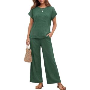 Ekouaer Two Piece Sets for Women 2026 Travel Outfits Short Sleeve Top Wide Leg Pants Rib Tracksuits Summer Fashion Lounge Set(Forestgreen)