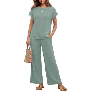 Ekouaer Two Piece Sets for Women 2026 Travel Outfits Short Sleeve Top Wide Leg Pants Rib Tracksuits Summer Fashion Lounge Set(Glacial Green)