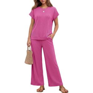Ekouaer Two Piece Sets for Women 2026 Travel Outfits Short Sleeve Top Wide Leg Pants Rib Tracksuits Summer Fashion Lounge Set(Hot Pink)