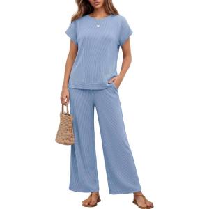 Ekouaer Two Piece Sets for Women 2026 Travel Outfits Short Sleeve Top Wide Leg Pants Rib Tracksuits Summer Fashion Lounge Set(Sky Blue)
