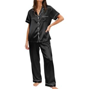 Ekouaer Womens Silky Satin Pajamas Set Short Sleeve Button Down Sleepwear 2 Piece Lounge Set Pj Set(Black)