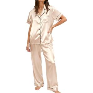 Ekouaer Womens Silky Satin Pajamas Set Short Sleeve Button Down Sleepwear 2 Piece Lounge Set Pj Set(Champagne)