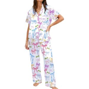 Ekouaer Womens Silky Satin Pajamas Set Short Sleeve Button Down Sleepwear 2 Piece Lounge Set Pj Set(Colorful Bow Knot)