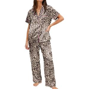 Ekouaer Womens Silky Satin Pajamas Set Short Sleeve Button Down Sleepwear 2 Piece Lounge Set Pj Set(Leopard)