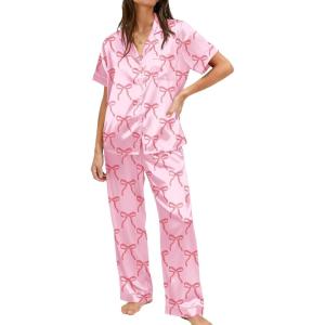 Ekouaer Womens Silky Satin Pajamas Set Short Sleeve Button Down Sleepwear 2 Piece Lounge Set Pj Set(Pink Bow Knot)