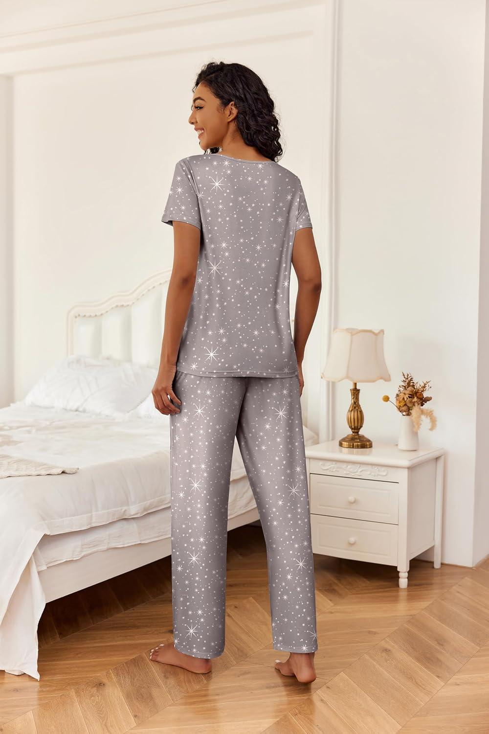 imageEkouaer 2 Piece Womens Pajamas V Neck Short Sleeve Top and Long Pants Pjs Print Lounge Set SleepwearGrey Stars