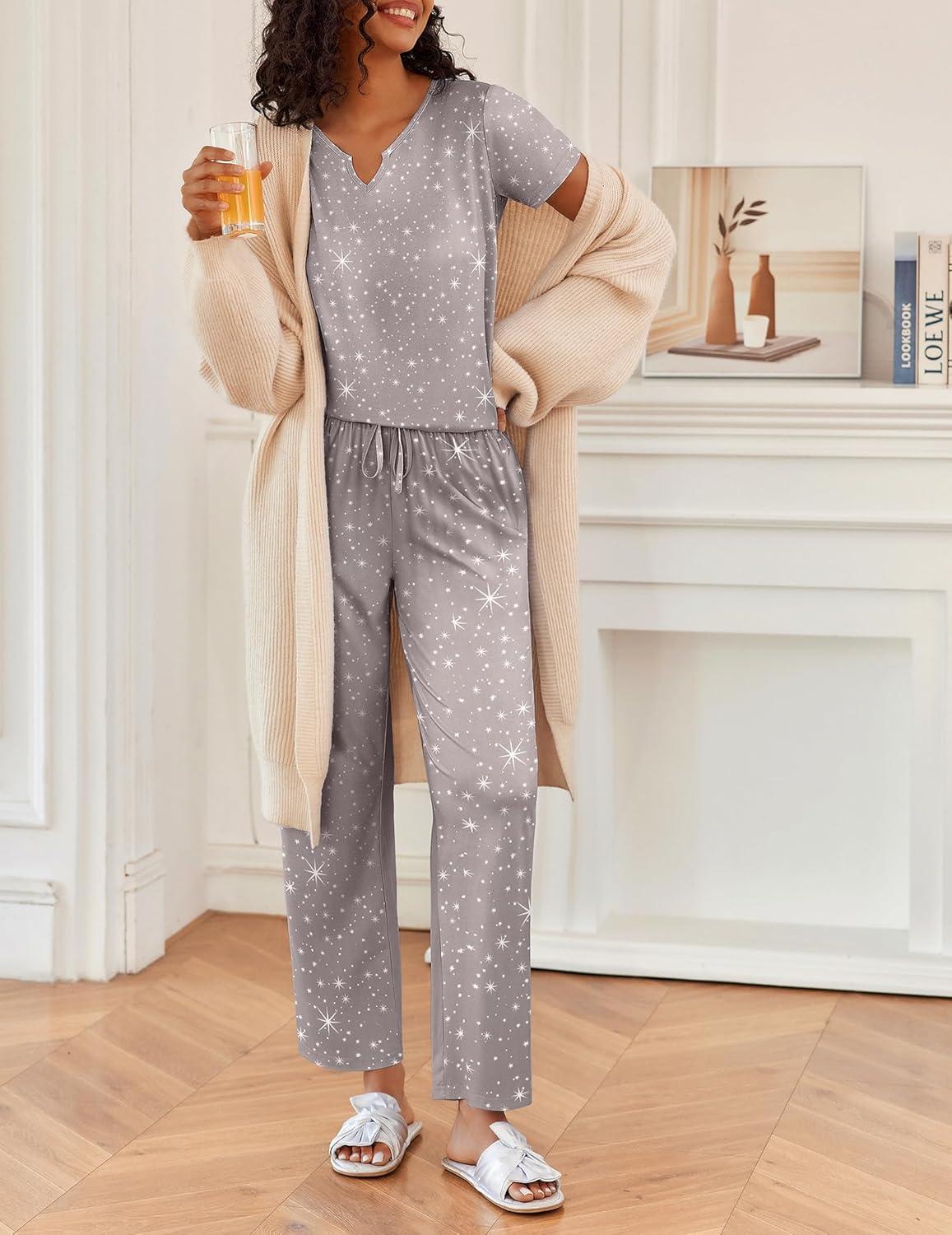 imageEkouaer 2 Piece Womens Pajamas V Neck Short Sleeve Top and Long Pants Pjs Print Lounge Set SleepwearGrey Stars