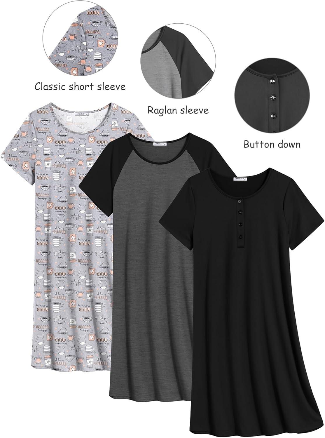 imageEkouaer 3 Pack Nightgowns for Women Short Sleeve Sleepshirt Button Down Nightshirt Soft Pajamas Dress Casual SleepwearBlackGreyLight Grey Coffee
