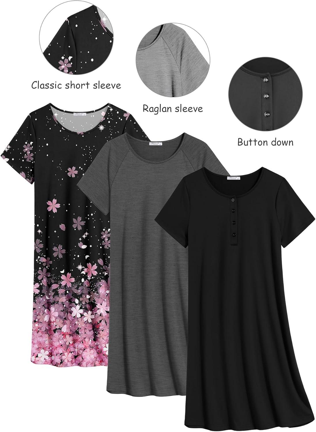 imageEkouaer 3 Pack Nightgowns for Women Short Sleeve Sleepshirt Button Down Nightshirt Soft Pajamas Dress Casual SleepwearBlackGreyPink Cherry Blossoms