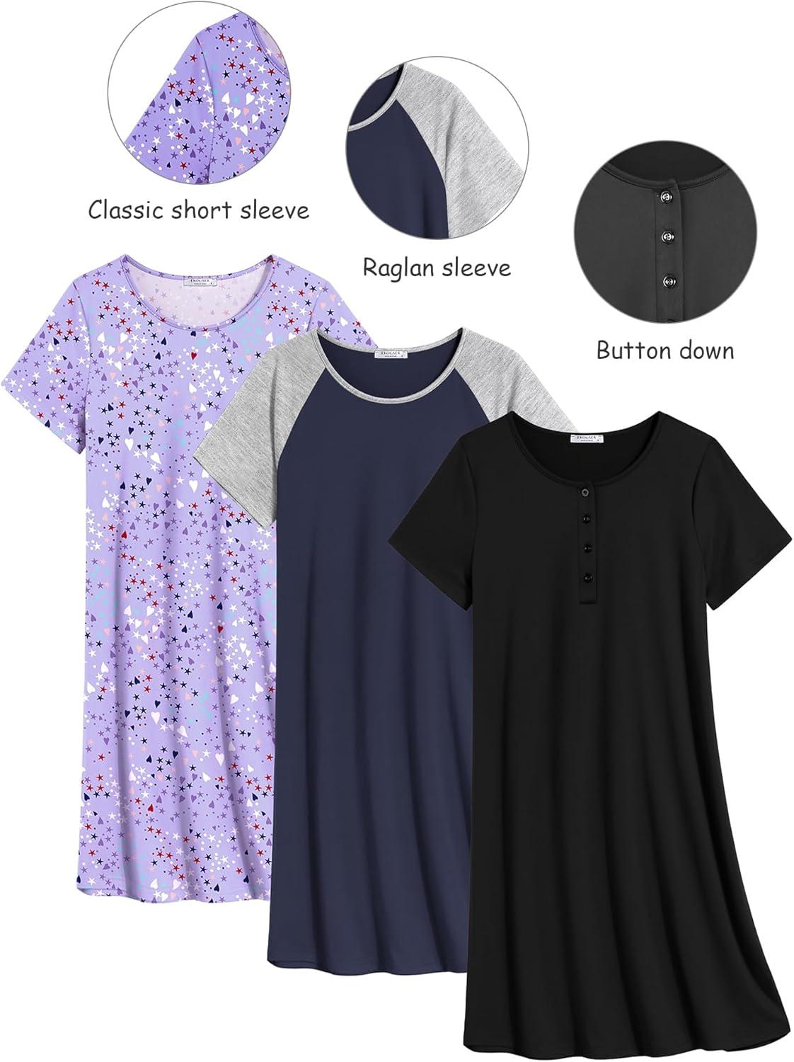 imageEkouaer 3 Pack Nightgowns for Women Short Sleeve Sleepshirt Button Down Nightshirt Soft Pajamas Dress Casual SleepwearBlackNavyPurple Stars