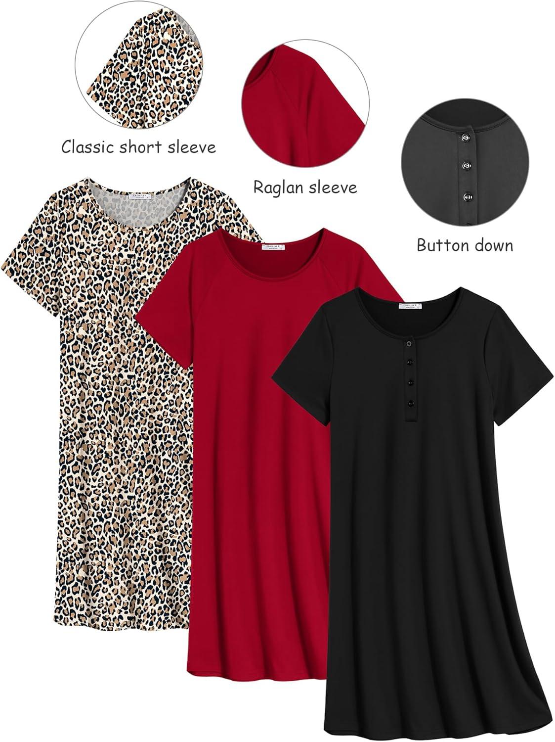 imageEkouaer 3 Pack Nightgowns for Women Short Sleeve Sleepshirt Button Down Nightshirt Soft Pajamas Dress Casual SleepwearBlackWine RedLeopard