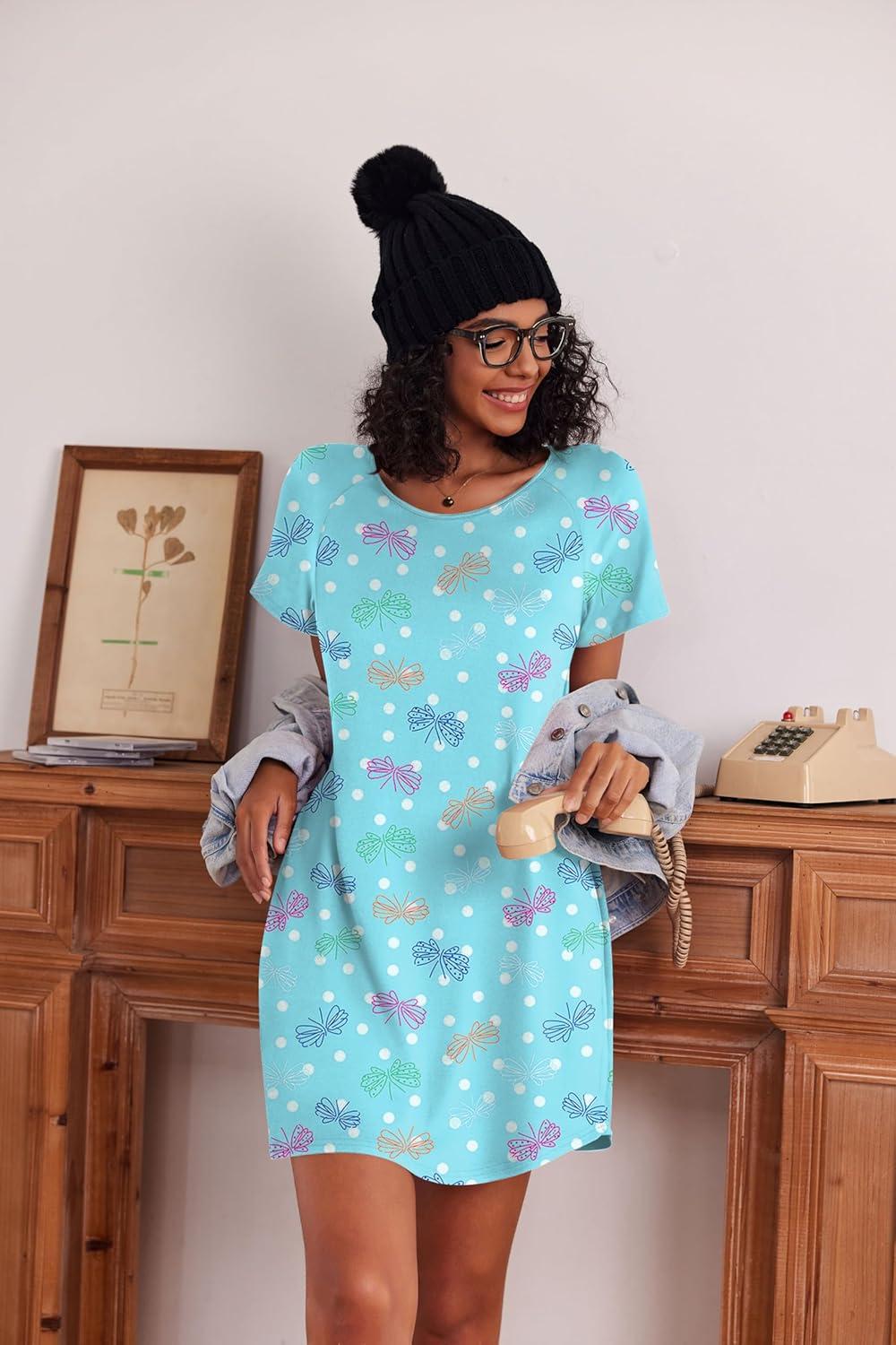 imageEkouaer 3 Pack Nightgowns for Women Short Sleeve Sleepshirt Button Down Nightshirt Soft Pajamas Dress Casual SleepwearBlue PrintCoffee CupPurple Stars