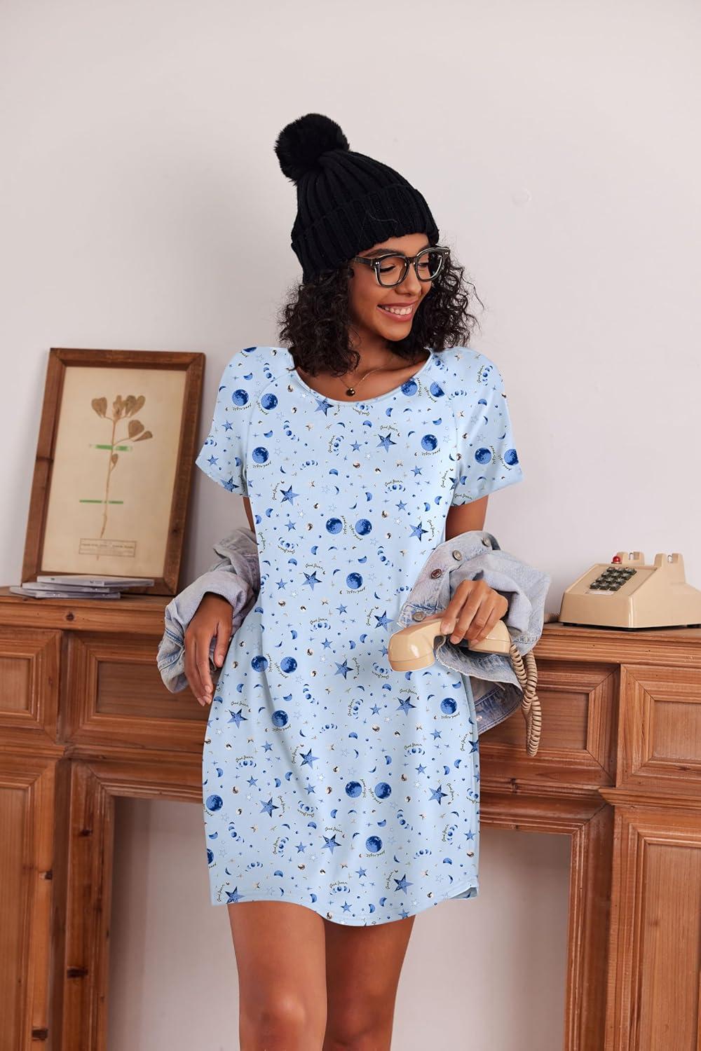 imageEkouaer 3 Pack Nightgowns for Women Short Sleeve Sleepshirt Button Down Nightshirt Soft Pajamas Dress Casual SleepwearGreen FloralBlue StarsRed Stripes