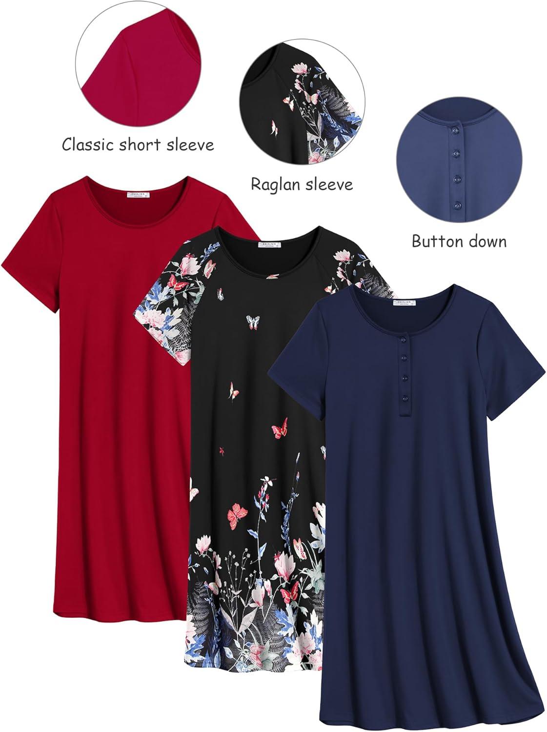 imageEkouaer 3 Pack Nightgowns for Women Short Sleeve Sleepshirt Button Down Nightshirt Soft Pajamas Dress Casual SleepwearNavyBlack ButterflyWine Red