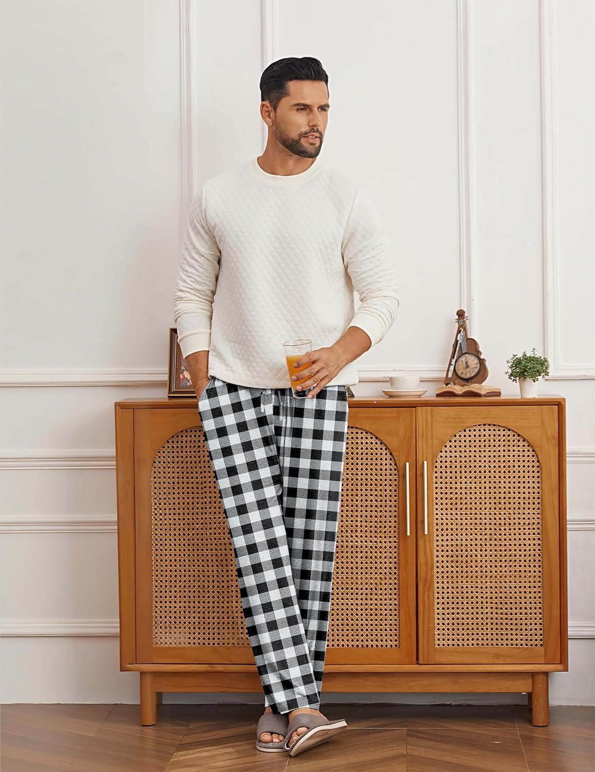 imageEkouaer Mens Pajama Pants Lounge Pants with Pockets Soft Sleep Pants Loose Fit Pj Bottoms with Drawstring SXXLBlack and White Plaid