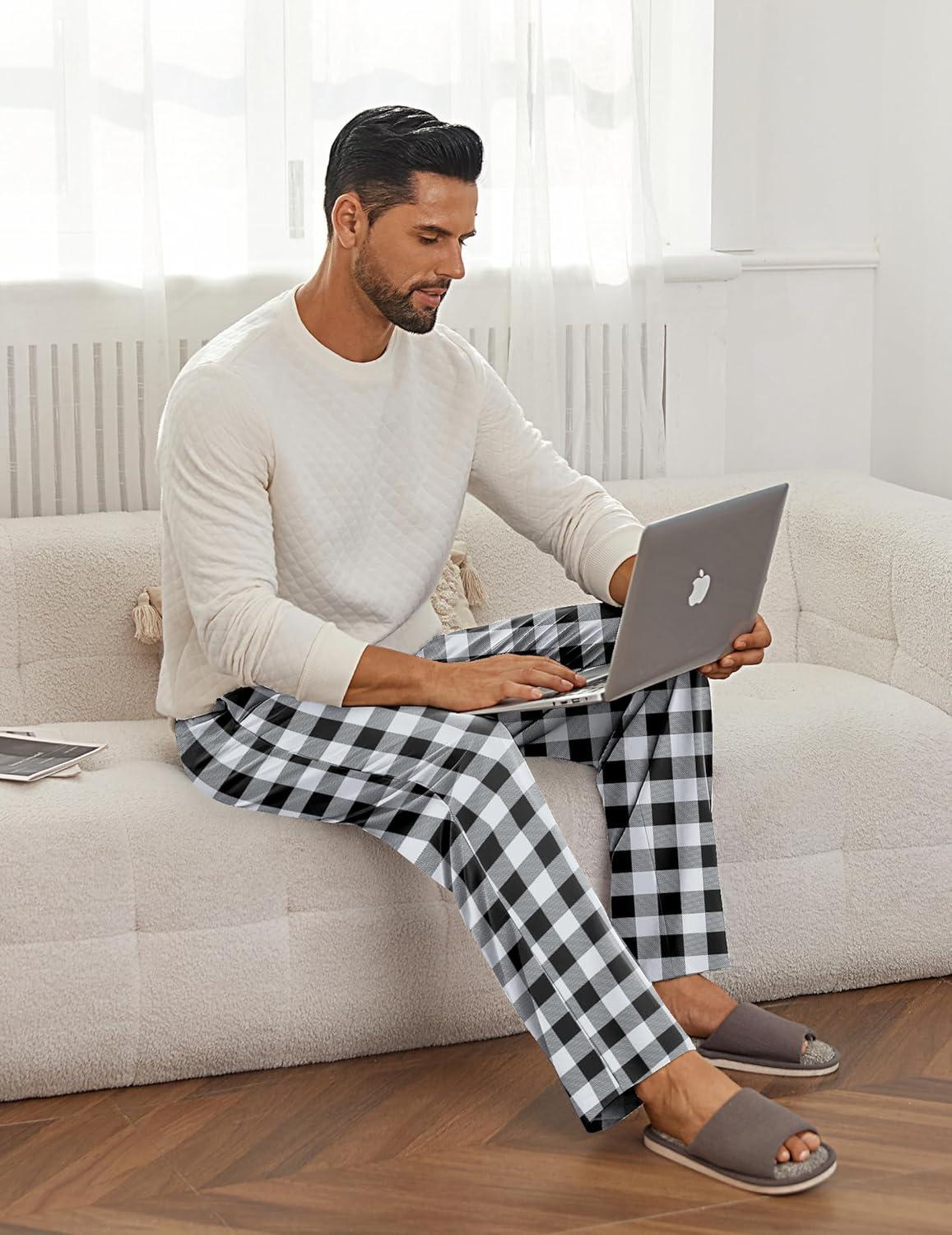 imageEkouaer Mens Pajama Pants Lounge Pants with Pockets Soft Sleep Pants Loose Fit Pj Bottoms with Drawstring SXXLBlack and White Plaid