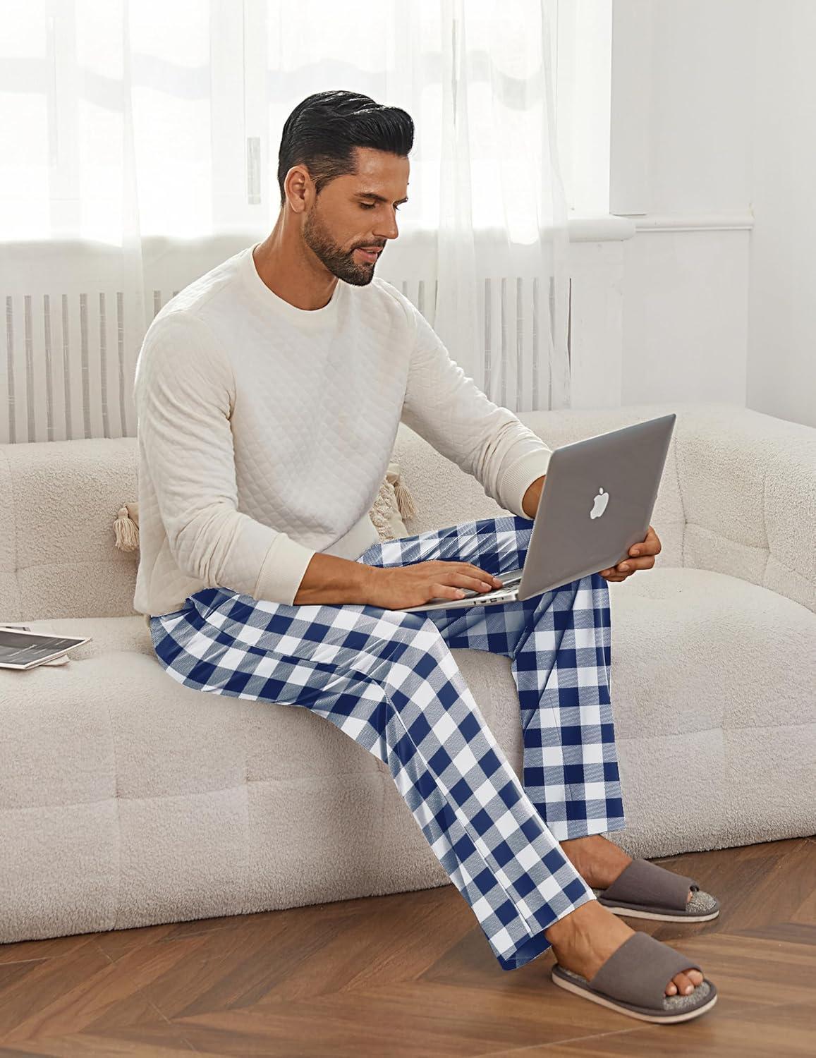 imageEkouaer Mens Pajama Pants Lounge Pants with Pockets Soft Sleep Pants Loose Fit Pj Bottoms with Drawstring SXXLBlue and White Plaid
