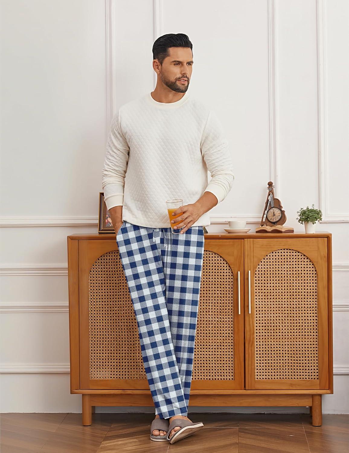 imageEkouaer Mens Pajama Pants Lounge Pants with Pockets Soft Sleep Pants Loose Fit Pj Bottoms with Drawstring SXXLBlue and White Plaid