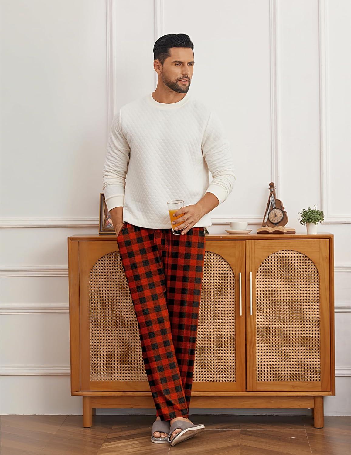 imageEkouaer Mens Pajama Pants Lounge Pants with Pockets Soft Sleep Pants Loose Fit Pj Bottoms with Drawstring SXXLRed and Black Plaid