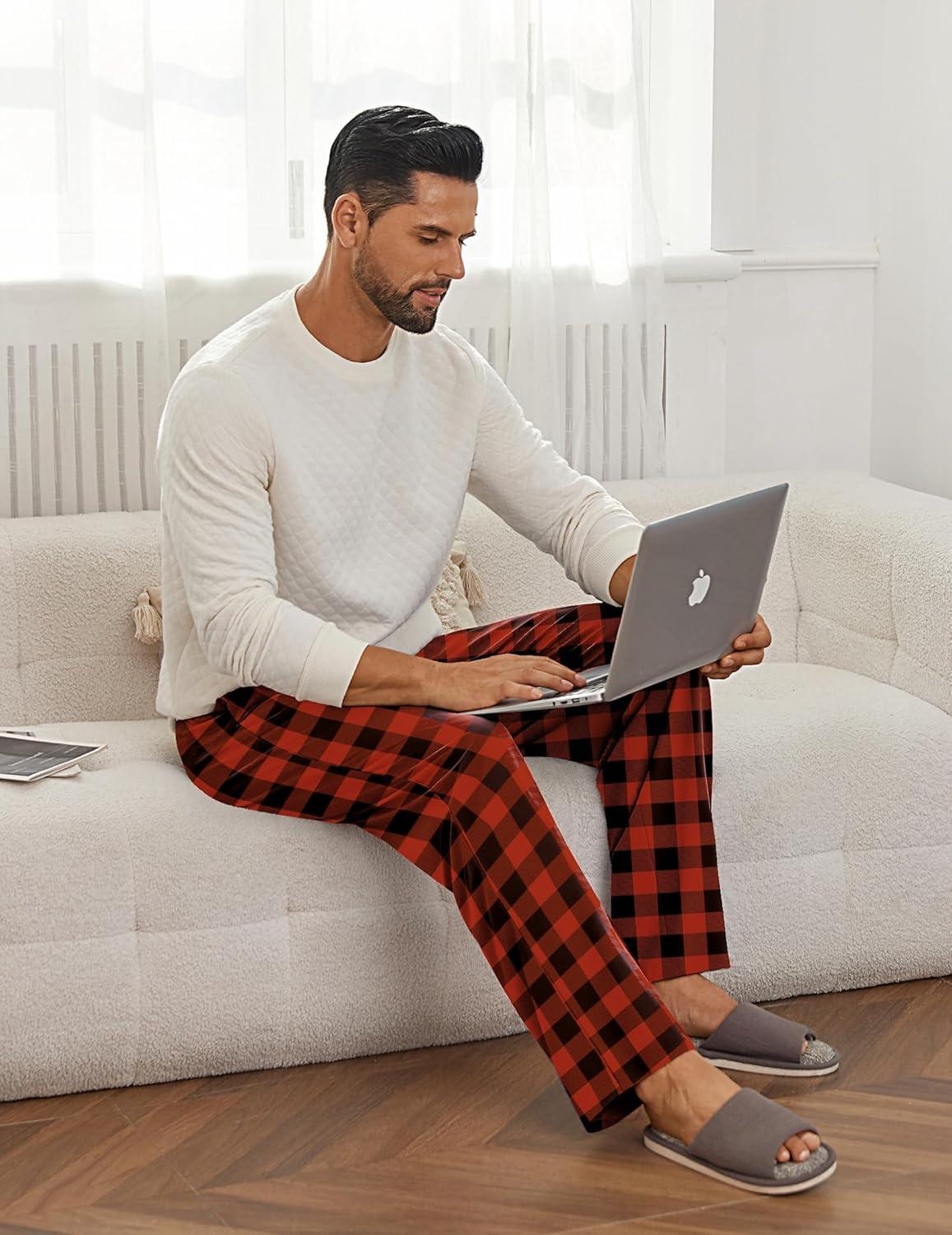 imageEkouaer Mens Pajama Pants Lounge Pants with Pockets Soft Sleep Pants Loose Fit Pj Bottoms with Drawstring SXXLRed and Black Plaid