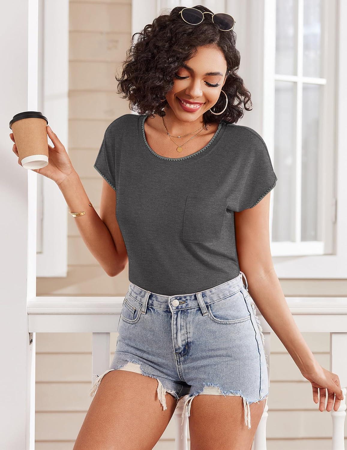 imageEkouaer Pajama Sets Lounge Sets for Women 2 Piece Short Sleeve Tops and Shorts Comfy Pjs Sleepwear SXXLDark Grey