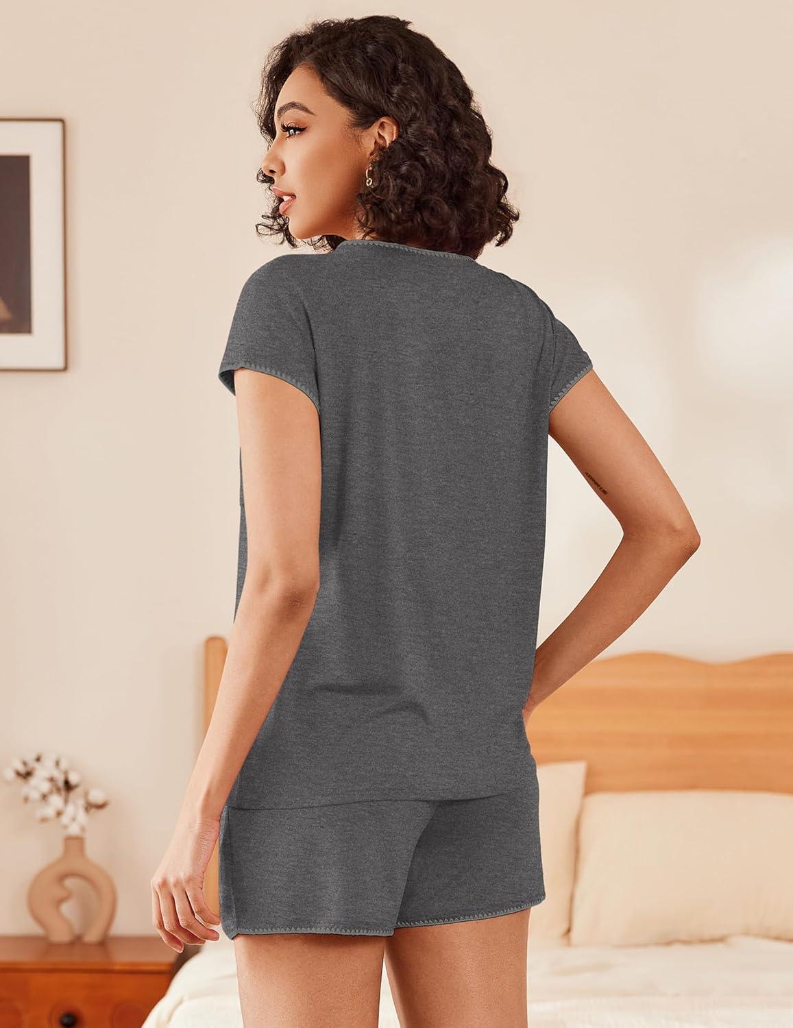 imageEkouaer Pajama Sets Lounge Sets for Women 2 Piece Short Sleeve Tops and Shorts Comfy Pjs Sleepwear SXXLDark Grey