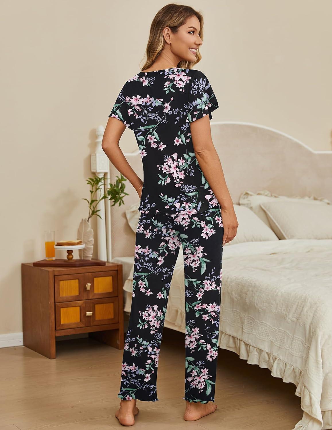 imageEkouaer Pajama Sets Womens Short Sleeve Sleepwear Long Pants Pjs 2 Piece Lounge Set Soft Nightwear SXXLBlack Floral