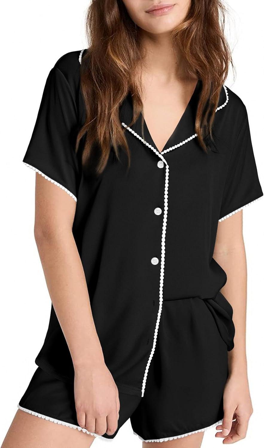 imageEkouaer Pajamas Set for Women Classic Short Sleeve PJ Sets Button Down Lounge Sets Comfy SleepwearBlack