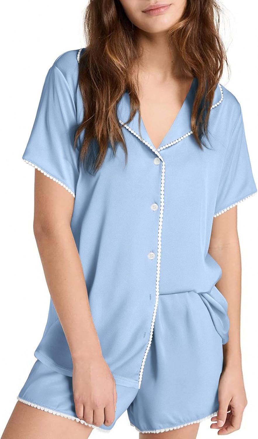 imageEkouaer Pajamas Set for Women Classic Short Sleeve PJ Sets Button Down Lounge Sets Comfy SleepwearLight Blue