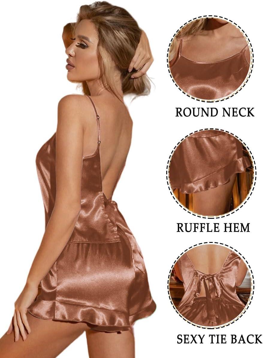 imageEkouaer Satin Backless Ruffle Pajamas Silk Bow Ties Lingerie Set Wedding Bridal Party Sleepwear for WomenBrown