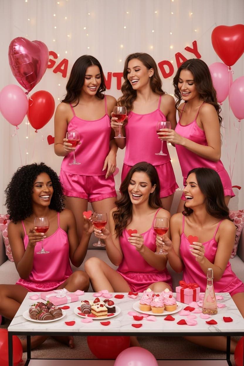 imageEkouaer Satin Backless Ruffle Pajamas Silk Bow Ties Lingerie Set Wedding Bridal Party Sleepwear for WomenRose Red