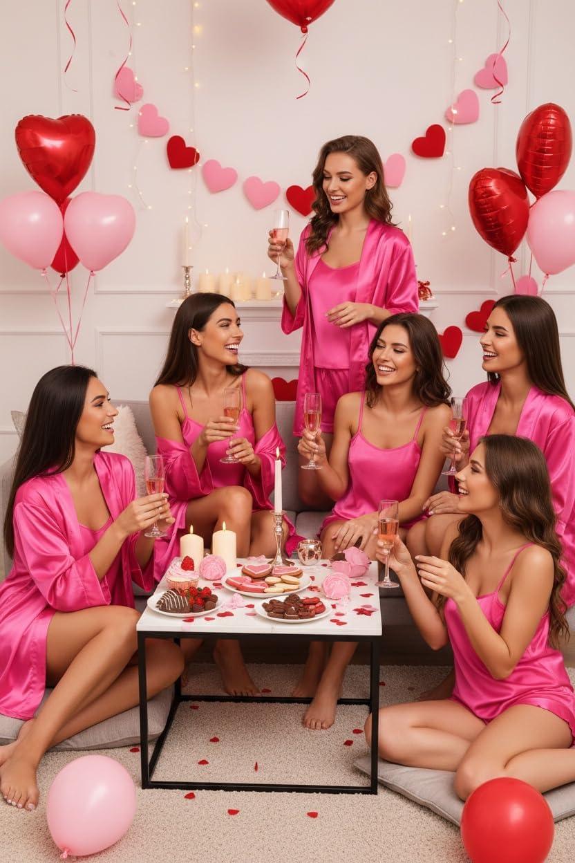 imageEkouaer Satin Backless Ruffle Pajamas Silk Bow Ties Lingerie Set Wedding Bridal Party Sleepwear for WomenRose Red