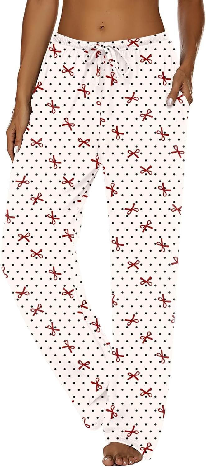 imageEkouaer Women Pajama Pants Comfy Pj Bottom with Pockets Stretch Plaid SleepwearPolkadot Bow