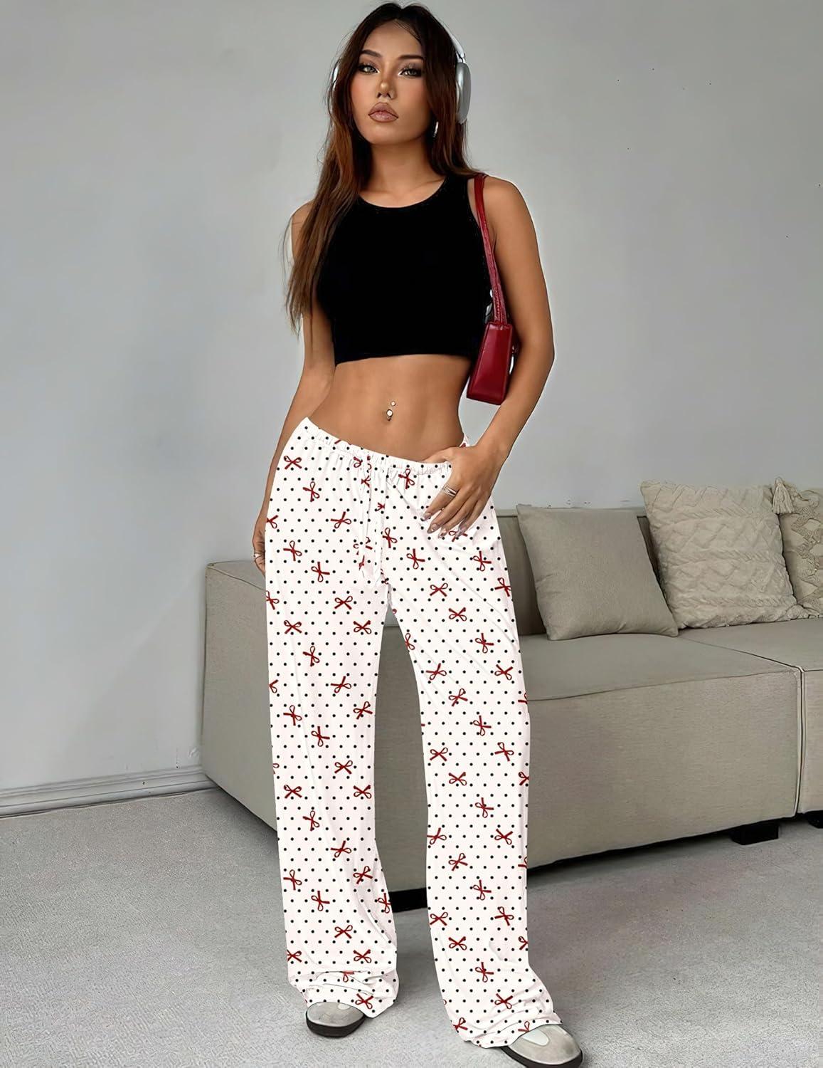 imageEkouaer Women Pajama Pants Comfy Pj Bottom with Pockets Stretch Plaid SleepwearPolkadot Bow
